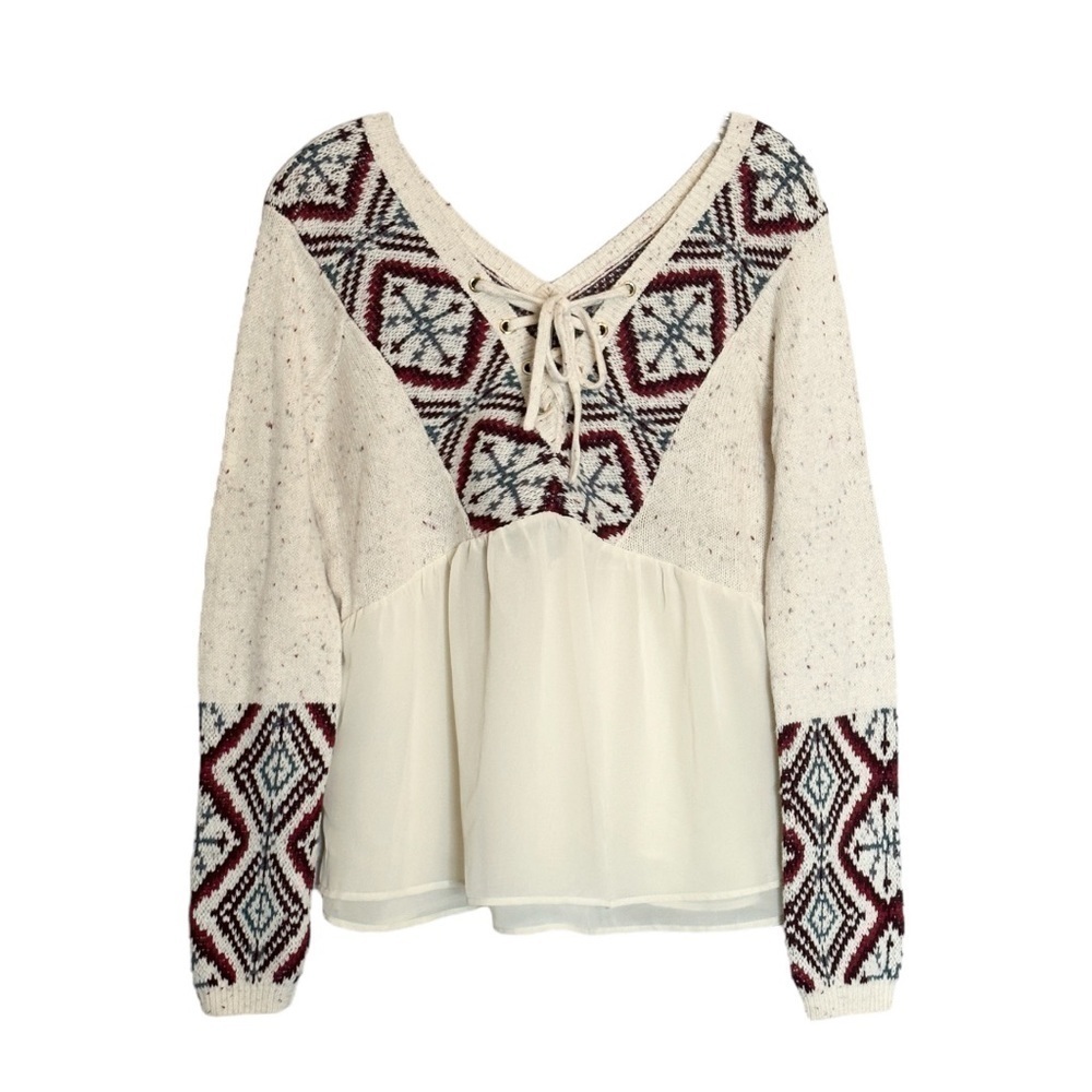 Abercrombie & Fitch Mixed Media Boho Ivory Sweater Chiffon Top Size M
